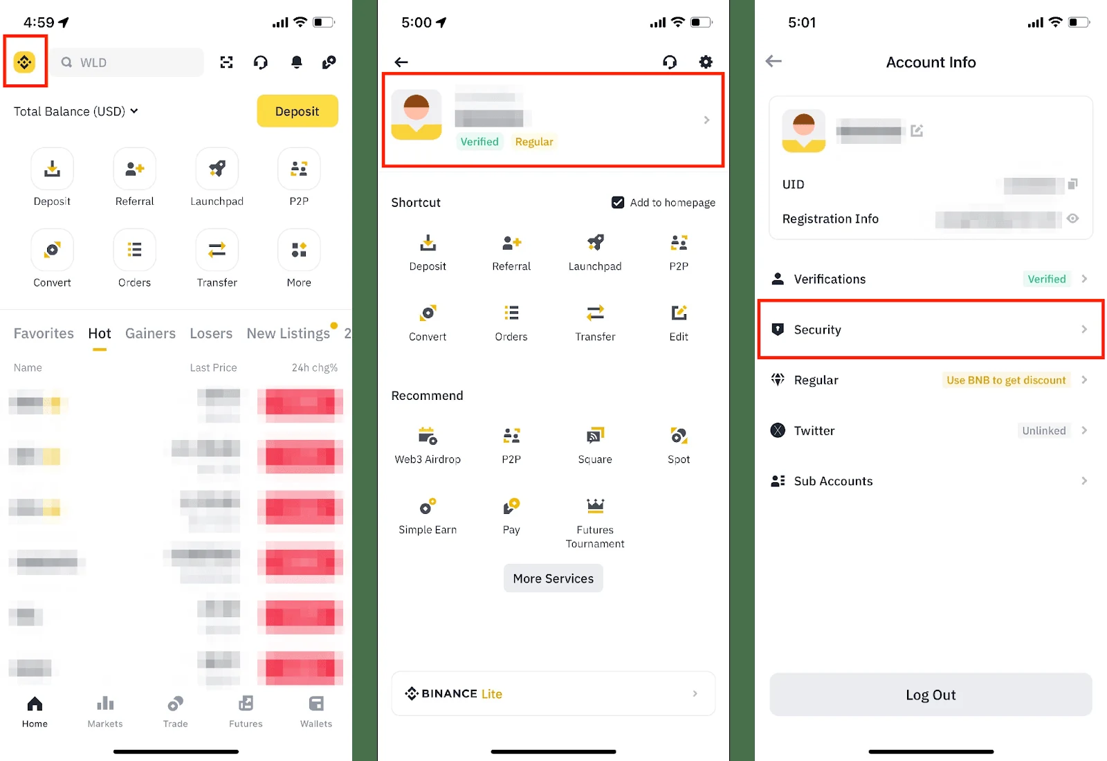 Binance App-ի իրական երեք էկրանը՝ Account պատկերակից profile և Account Info-ի Security բաժին անցնելու ճանապարհով