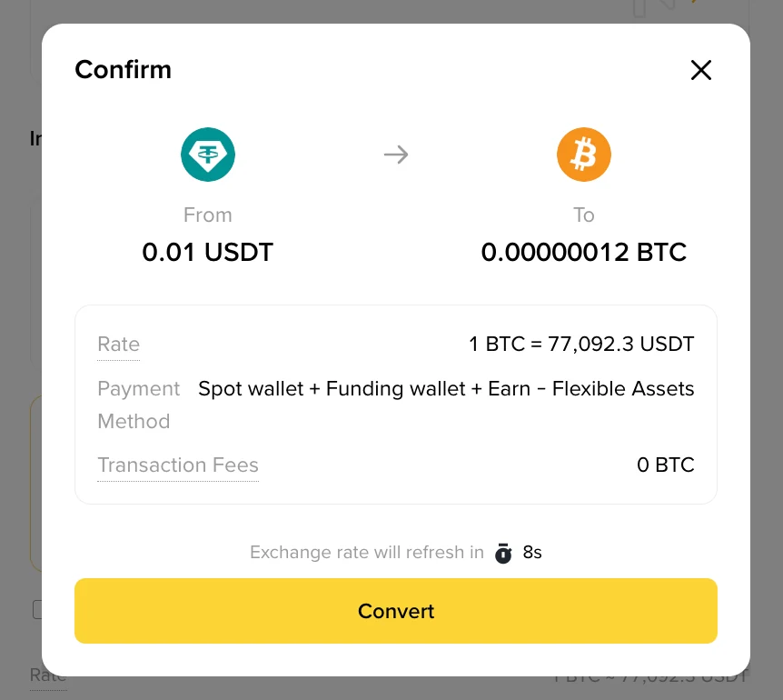 Binance Convert Confirm պատուհանի իրական օրինակը՝ From, To, Rate, Payment Method, Transaction Fees և quote-ի ժամաչափով