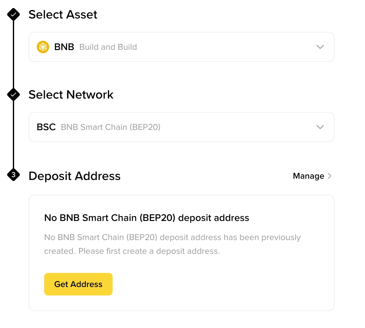 Binance Deposit Crypto-ի իրական էկրանը՝ Select Asset, Select Network և Get Address քայլերով
