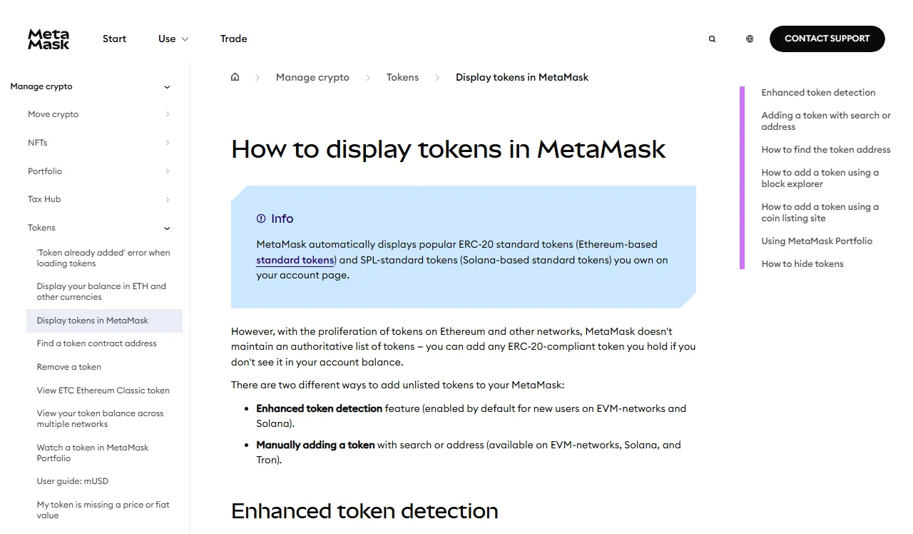 MetaMask-ի պաշտոնական աջակցության էջը թոքենների ցուցադրման մասին՝ բացատրությամբ, որ ծրագիրը սպառիչ ցուցակ չի վարում