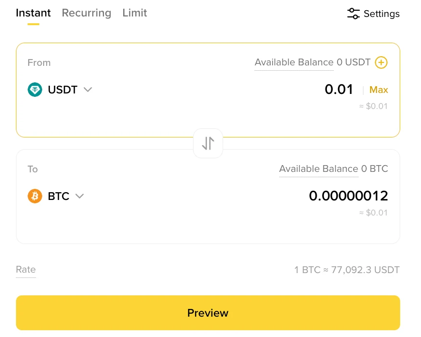Binance Convert Instant-ի իրական ձևը՝ From USDT, To BTC, Available Balance, rate և Preview կոճակով