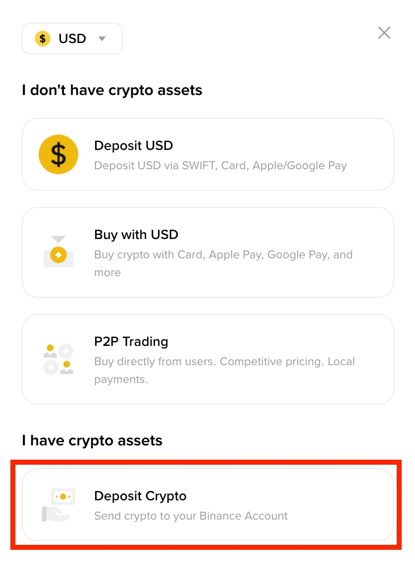 Binance-ի պաշտոնական Deposit ընտրացանկը՝ I have crypto assets բաժնում ընդգծված Deposit Crypto տարբերակով