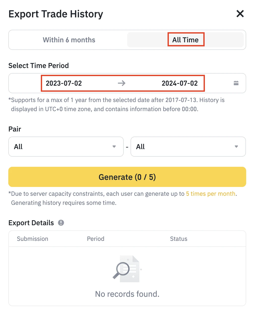 Binance-ի Export Trade History պատուհանը՝ ընտրված «All Time» ներդիրով, 2023-07-02-ից 2024-07-02 ժամանակահատվածով, զույգի ընտրությամբ և Generate (0 / 5) կոճակով