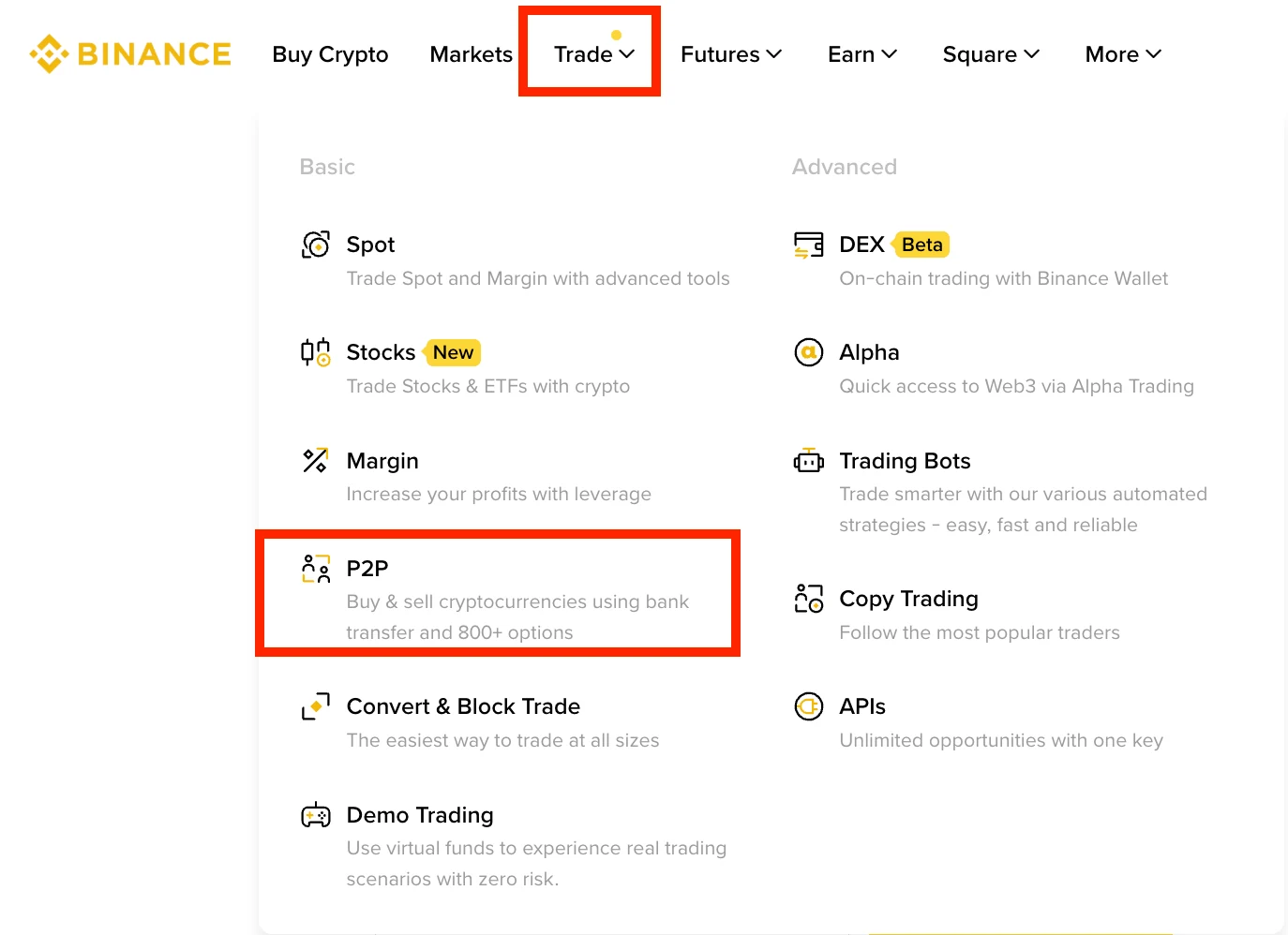 Binance-ի պաշտոնական Trade ընտրացանկը՝ ընդգծված P2P բաժնով