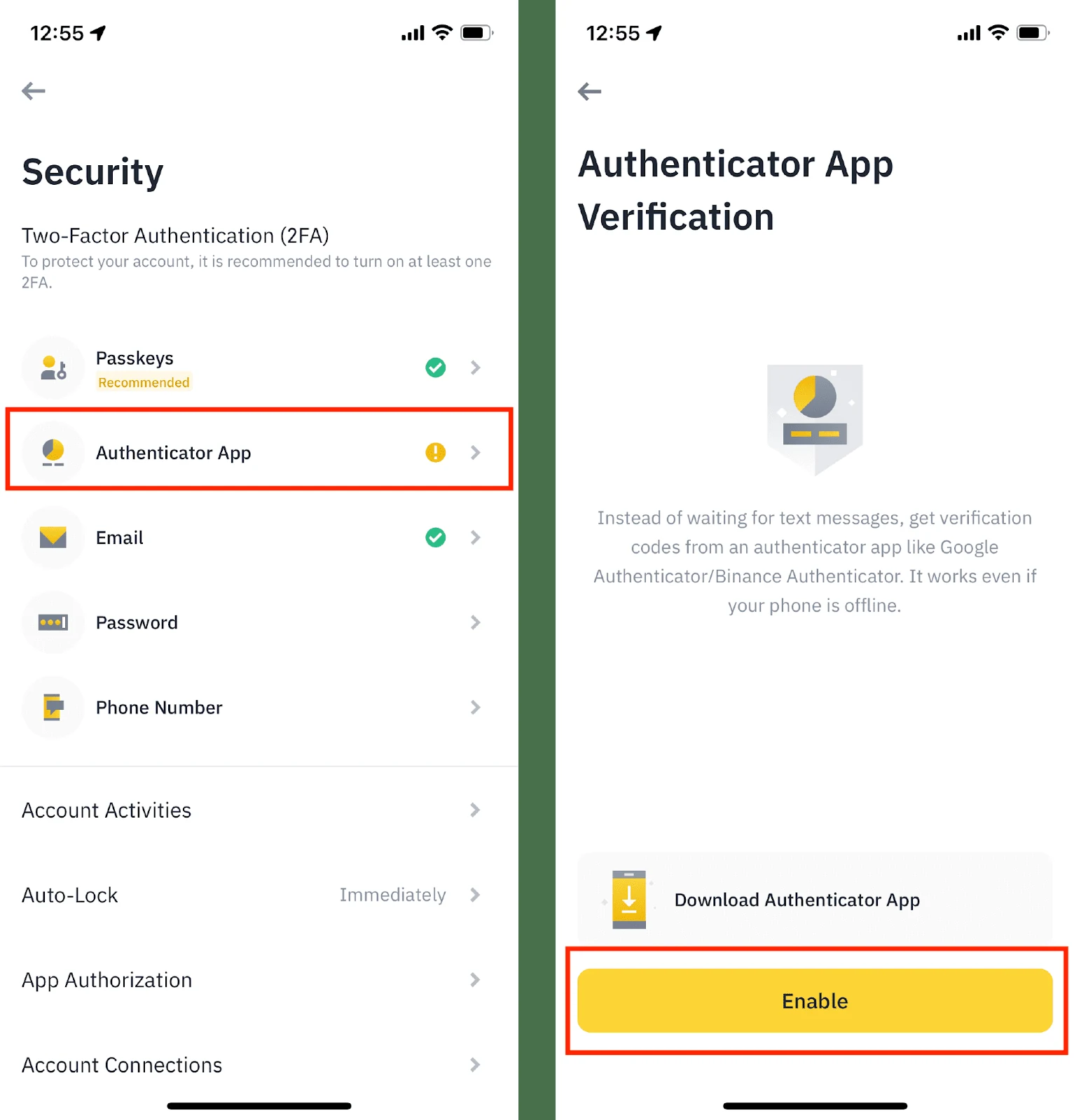 Binance Security-ի Authenticator App տողը և Authenticator App Verification էջի Enable կոճակը