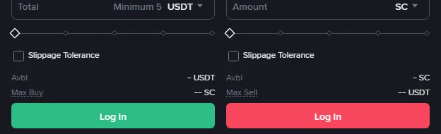 Binance-ի Market պատվերի ձևի հատված՝ Total դաշտը «Minimum 5 USDT» նշումով, Slippage Tolerance ընտրանքը և Log In կոճակները գնման ու վաճառքի կողմերում