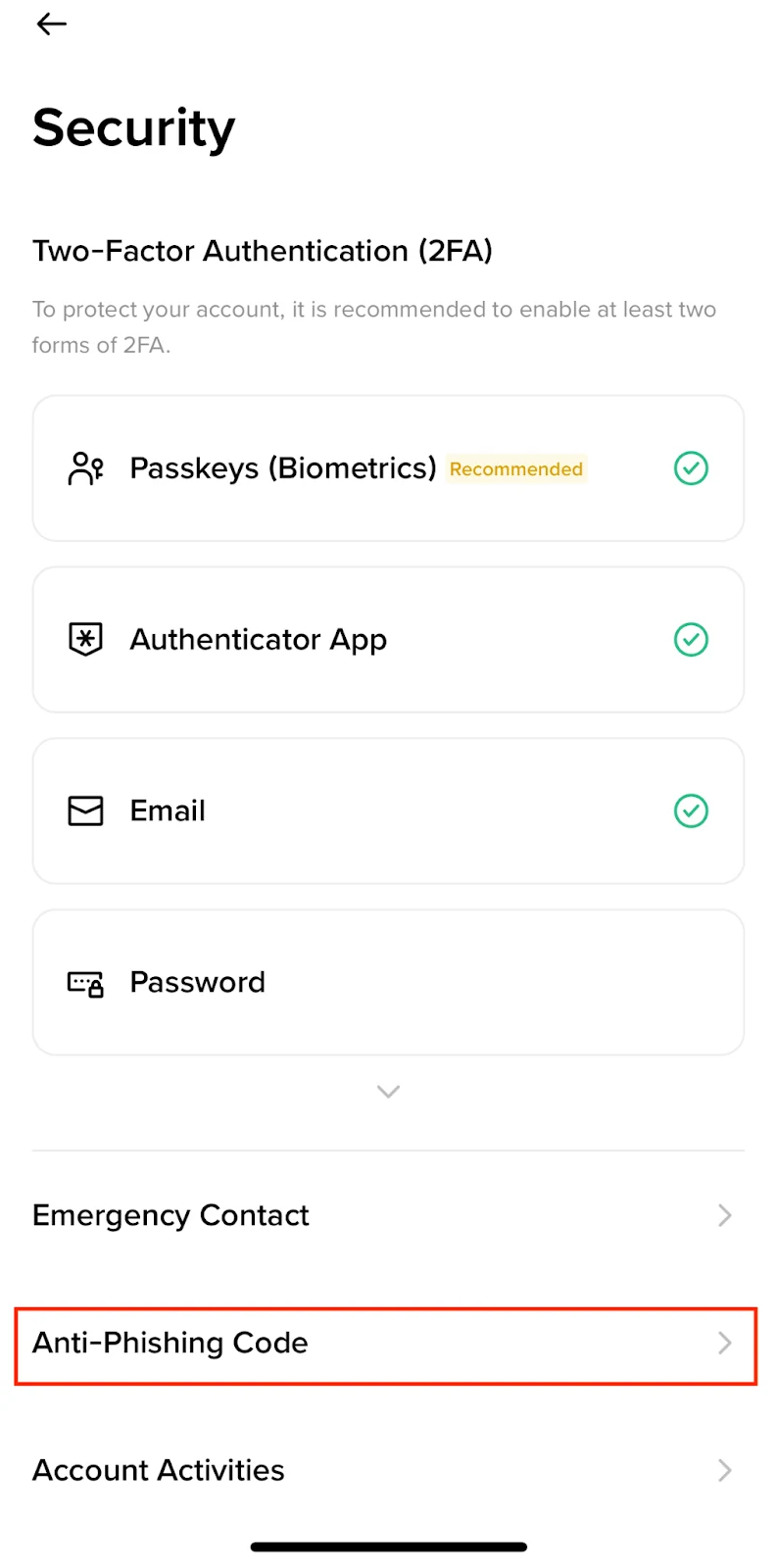 Binance App-ի Security էջը՝ Anti-Phishing Code տողով, Passkeys և Authenticator App կարգավորումների ներքևում