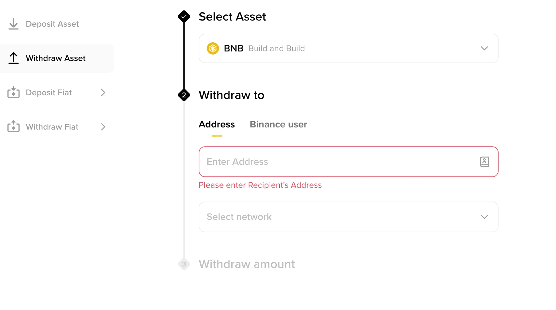 Binance Withdraw Asset-ի իրական ձևը՝ Select Asset, Address և Select network դաշտերով